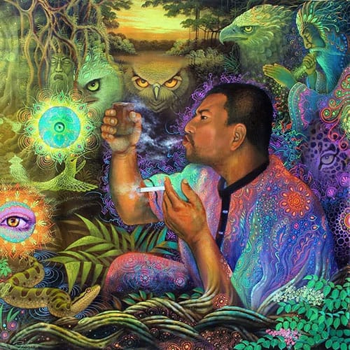 Shaman psychedelic painting smoking