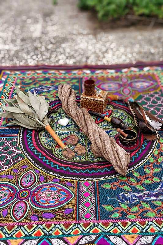 Plant medicine ceremony setting with leaves, roots and other tools on psychedelic blanket on the ground