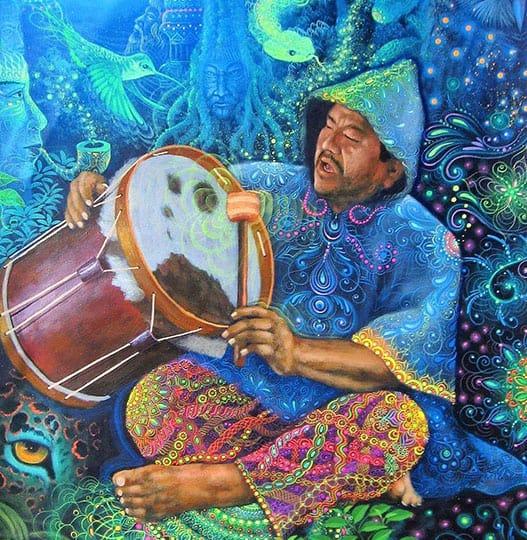 Shaman psychedelic painting during ceremony