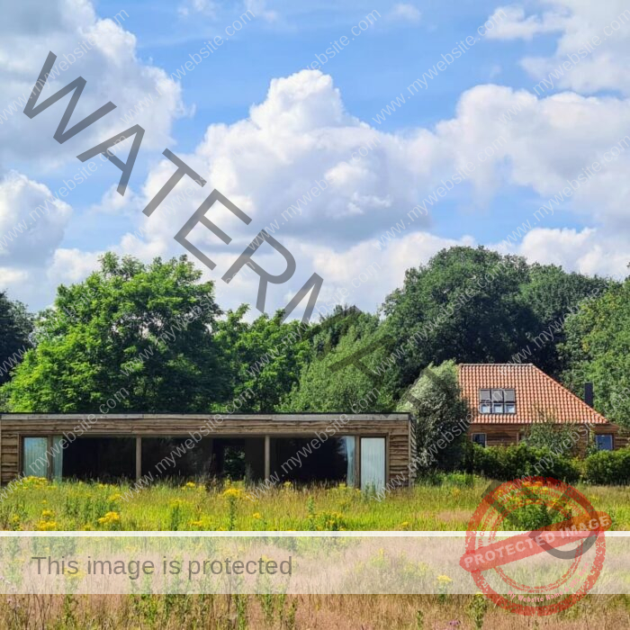 A serene rural scene with a modern wooden building, a brick house with a red roof, surrounded by greenery and a sunny sky with clouds.