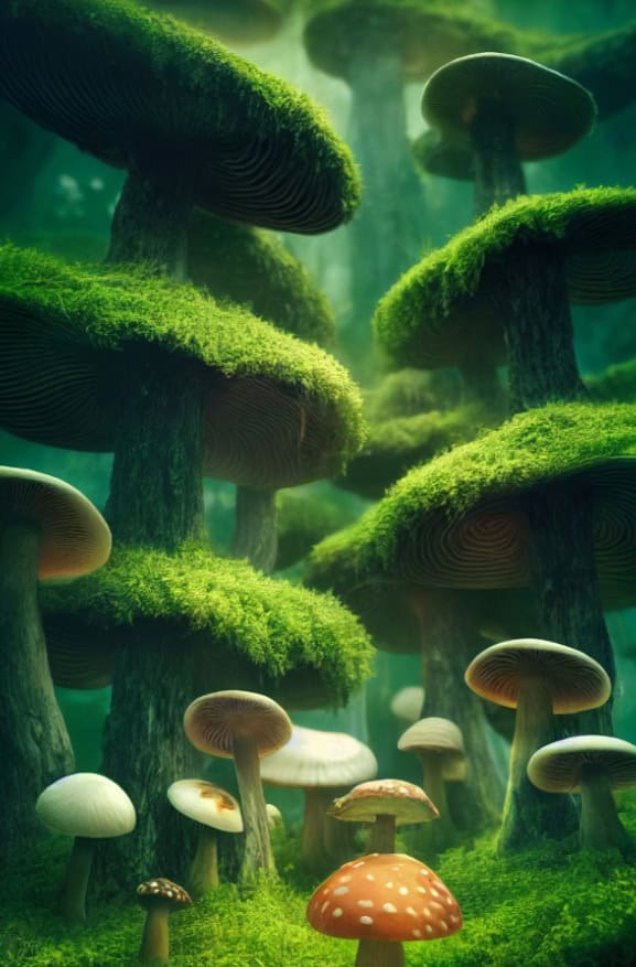 Mushroom in green mushroom forest