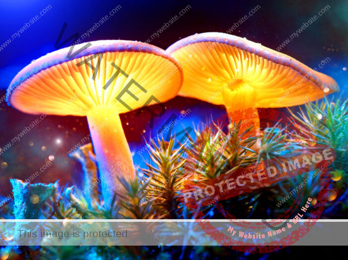 Glowing and magical mushrooms in mystical forest