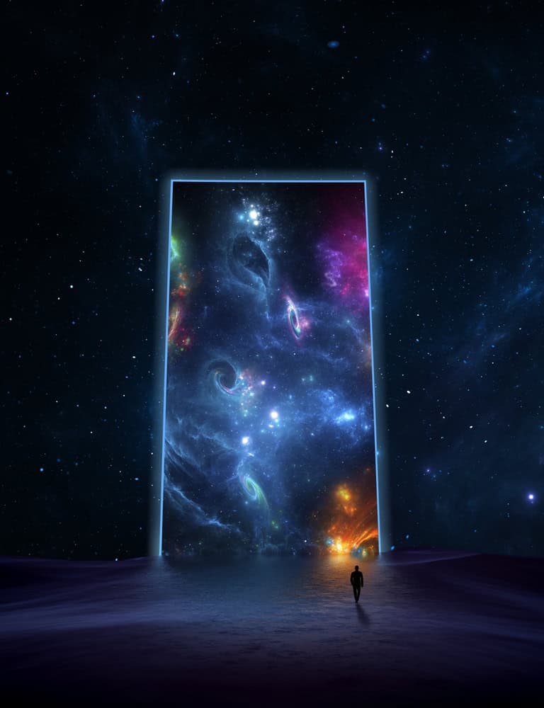 man is discovering a new world and entering a door into the universe