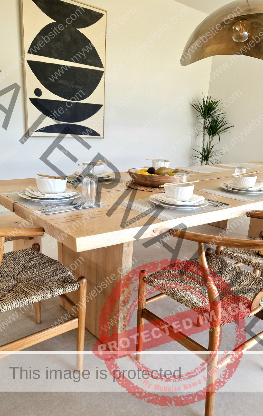 Dining room with wooden table, dishes and wooden chairs