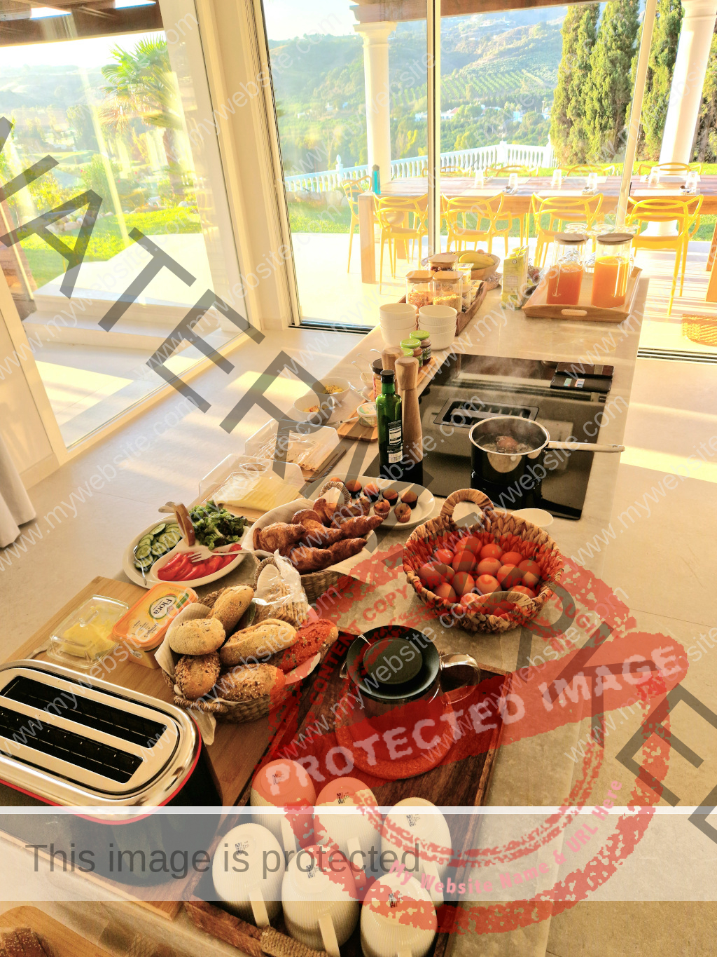 Kitchen table with prepared breakfast