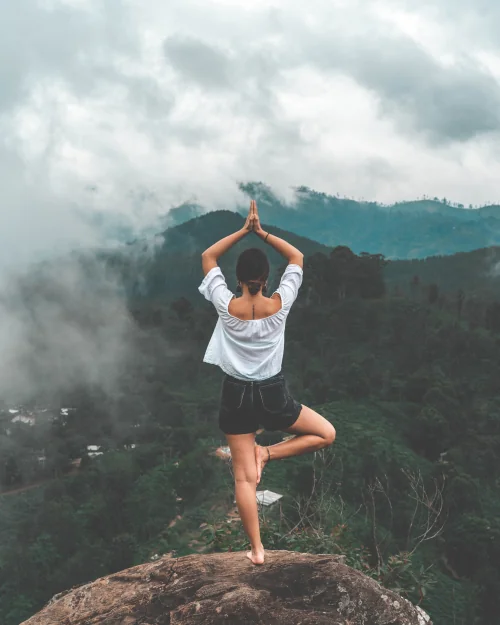 Woman in tree yoga pose in the mountains, looking towards lush green forest