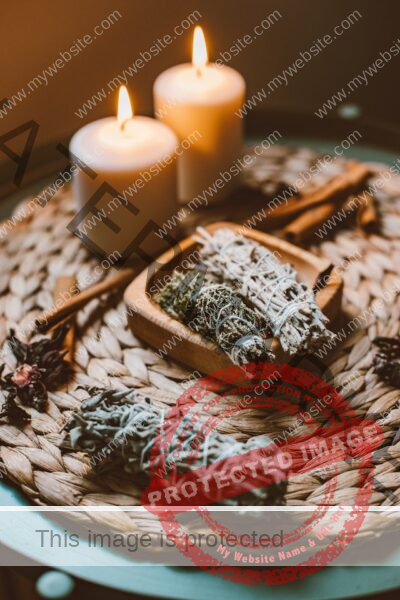 Two burning candles, incense in front of it on a wooden plate
