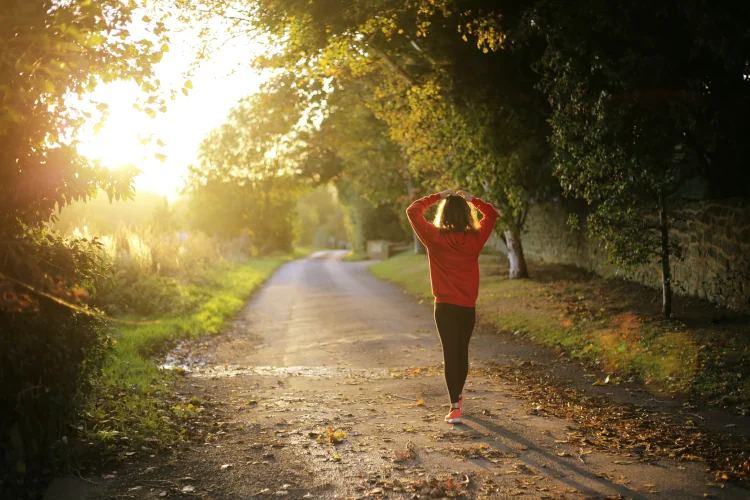 Woman walking on tree alley, hands on her hand, sun is shining