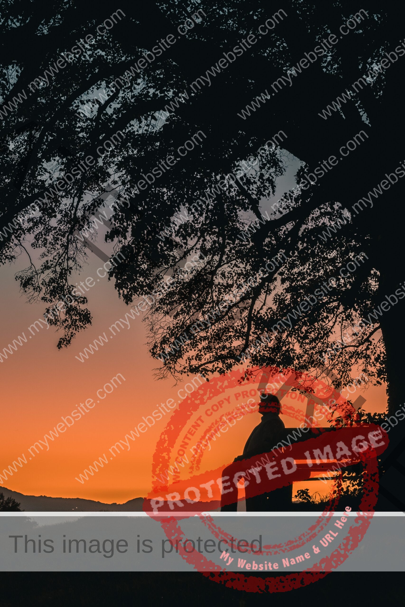 silhouette of a person sitting on a bench under a tree in the mountains with a sunset