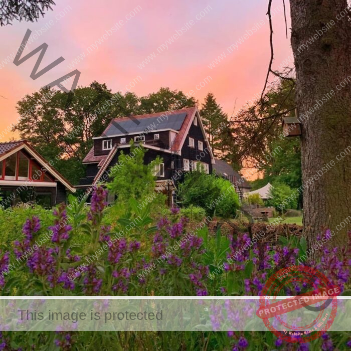 Main retreat center building surrounded by greenery and purple flowers at dusk, with a pink and orange sky in the background.