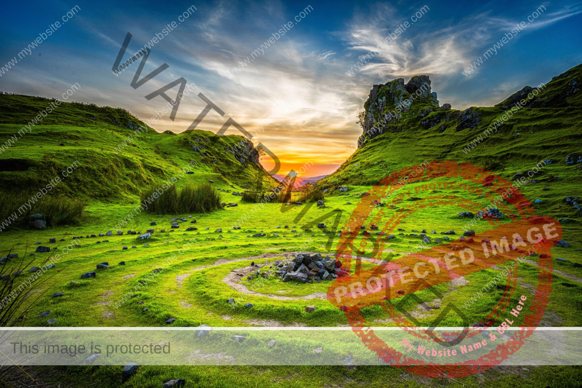 green landscape at sunset with an ancient stone spiral in the middle. 