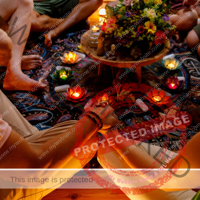 People sitting in a circle and holding hands, candles and warm light around