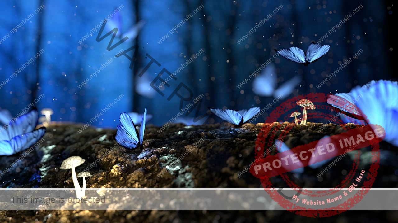 forest picture of blue butterflies fluttering around some light mushrooms