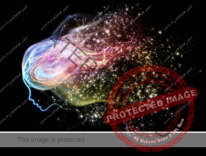 Illustration of a human head with flowing energies and colours on black background