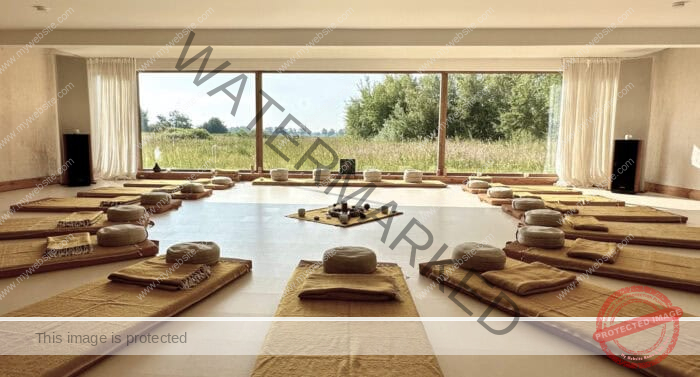 Ceremony room with huge window wall, many mattresses, pillows and blankets