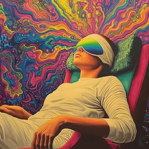 Psychedelic Journey illustration, person sits in a chair with blindfold, many colours and patterns in the background