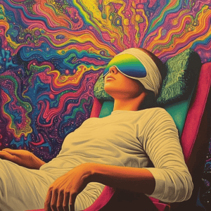 cartoon image of someone in therapy chair with psychedelic backdrop