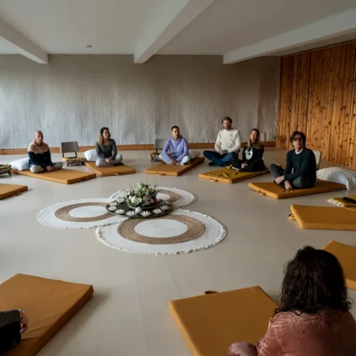A group of people sit in a circle on yellow mats in a bright room, surrounding a decorative centerpiece with flowers, participating in a psilocybin retreat.
