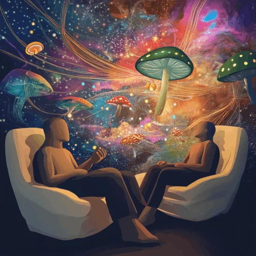 Illustration of psilocybin therapy, two people sitting in chairs, mushrooms, many colors and stars in the background