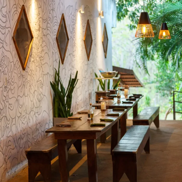 Comfortable dining & cafe area with wooden tables and benches