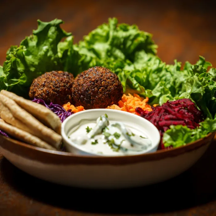 Close up of salade with falafel
