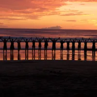 Sunset at the beach, 16 people raising and holding hands watching the sea & sun