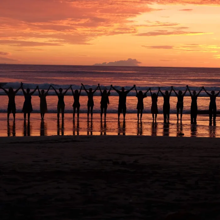 Sunset at the beach, 16 people raising and holding hands watching the sea & sun