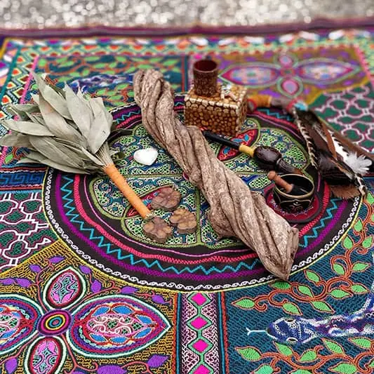 A vibrant, patterned cloth displays ritual items, including twisted vines of ayahuasca, dried leaves, feathers, a small bottle, a metal bell, and other ceremonial objects, all arranged in a circular formation.