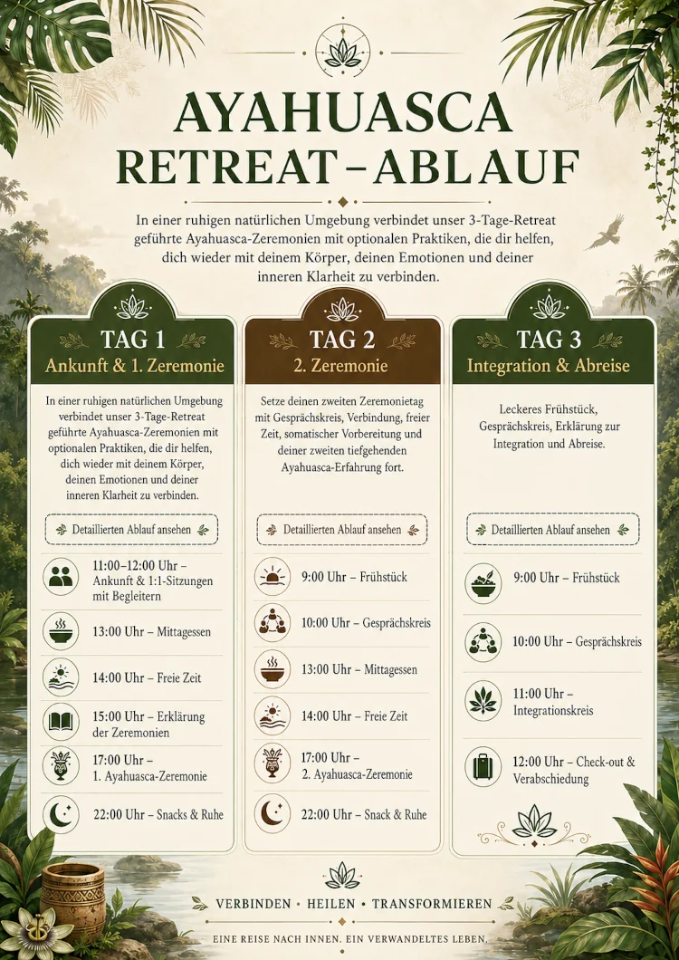 3-tage-ayahuasca-retreat-zeitplan Zeitplan-Infografik zum Ablauf eines dreitägigen Ayahuasca Retreats, von der Ankunft bis zur Abreise