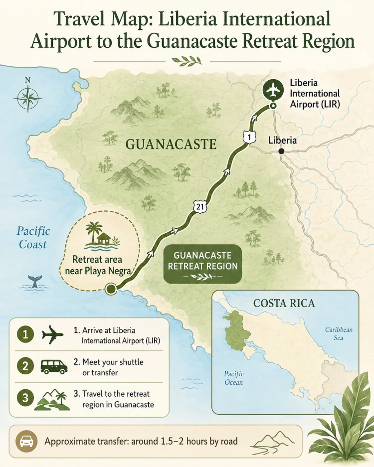 liberia-airport-to-guanacaste-retreat-map Travel map from Liberia International Airport to the Guanacaste retreat region